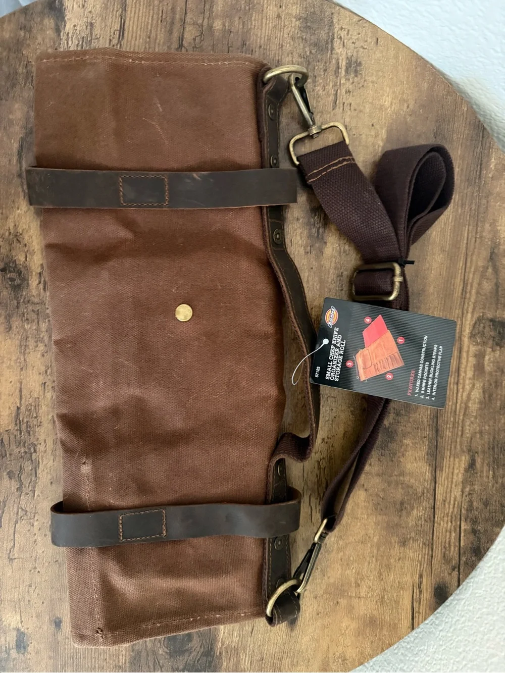 Dickies Brown Canvas Roll-Up Chef Knife Organizer and Storage Roll Leather Strap